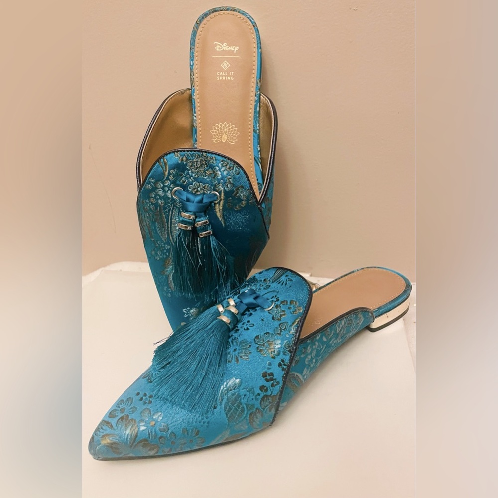 NEW Disney Collection Teal Gold Jacquard Slide on flats.